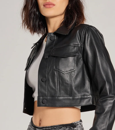 Sleek Fave Faux Leather Cropped Trucker Jacket