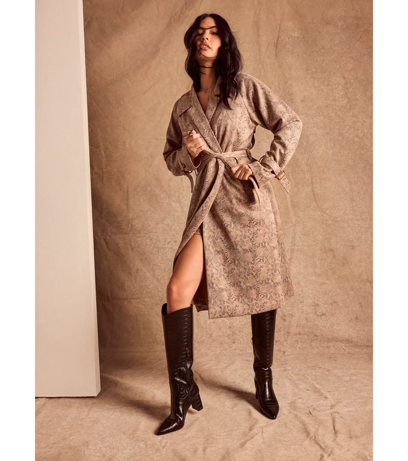 Chic Mood Snake Print Faux Suede Trench Coat