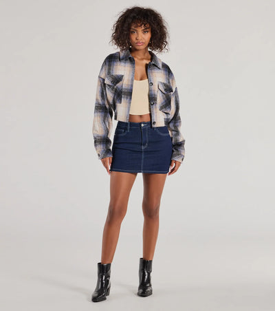 Casually Cozy Plaid Woven Cropped Shacket