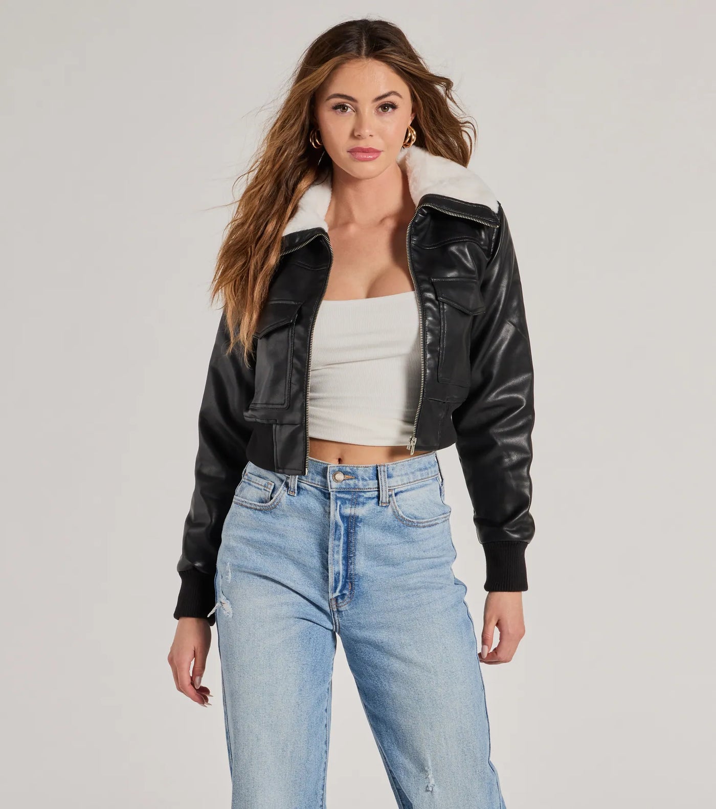 Chic Sherpa Collared Faux Leather Bomber Jacket