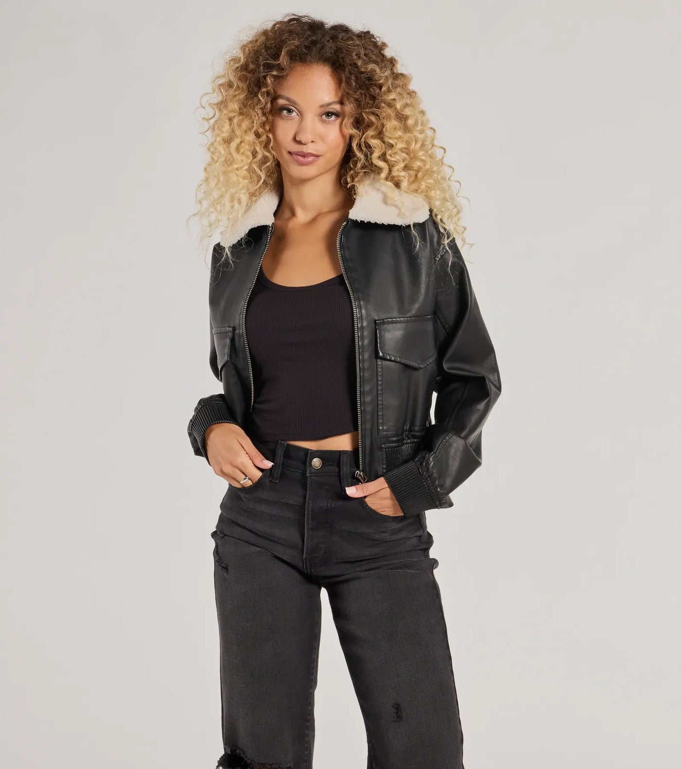 Edgy Chic Flair Faux Leather And Sherpa Bomber Jacket