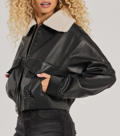 Edgy Chic Flair Faux Leather And Sherpa Bomber Jacket