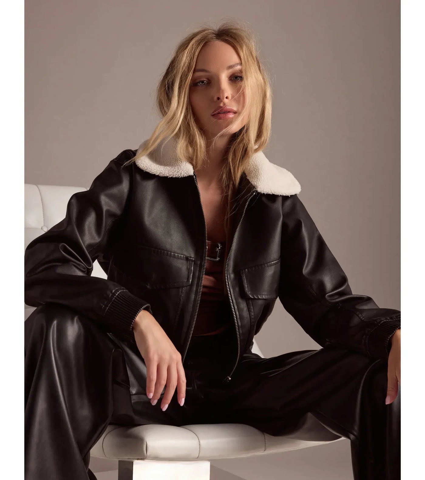 Edgy Chic Flair Faux Leather And Sherpa Bomber Jacket