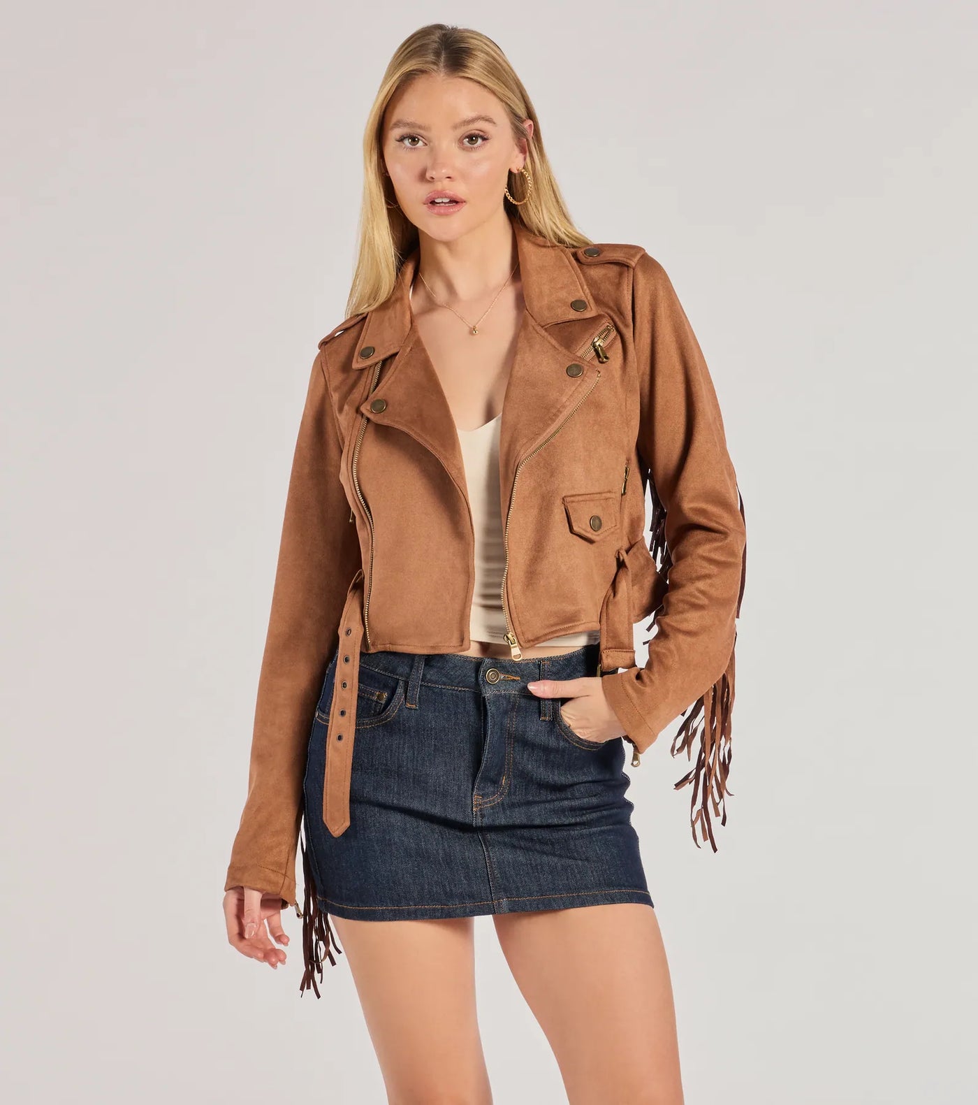 Western Chic Flair Faux Suede Fringe Moto Jacket