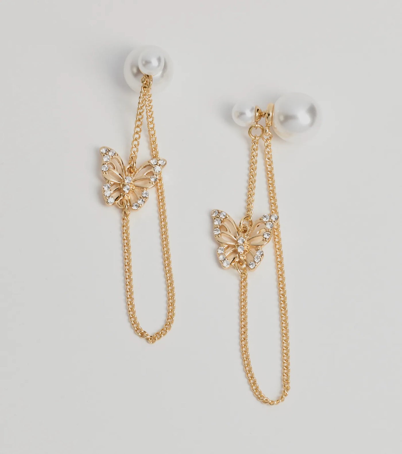 Glitzy Butterfly Charm Pearl Front-To-Back Earrings