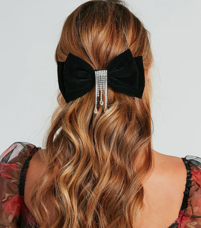 Luxe Velvet Bow Hair Clip With Rhinestone Fringe