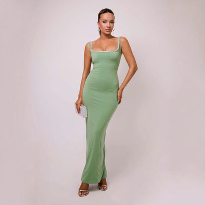 Sleeveless Midi Dress with U-Neckline and Rhinestones