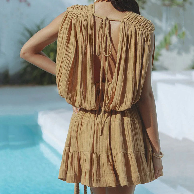 Glimpse of Happiness Linen Blend Draped Braids Belt Cover Up Mini Dress - Lumikova