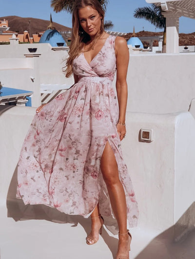 Summer V Neck Split Maxi Floral Dress - Elegant Spaghetti Strap - Lumikova