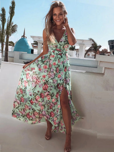 Summer V Neck Split Maxi Floral Dress - Elegant Spaghetti Strap - Lumikova