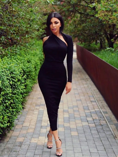 One Shoulder Black Bandage Chic Dress - Lumikova