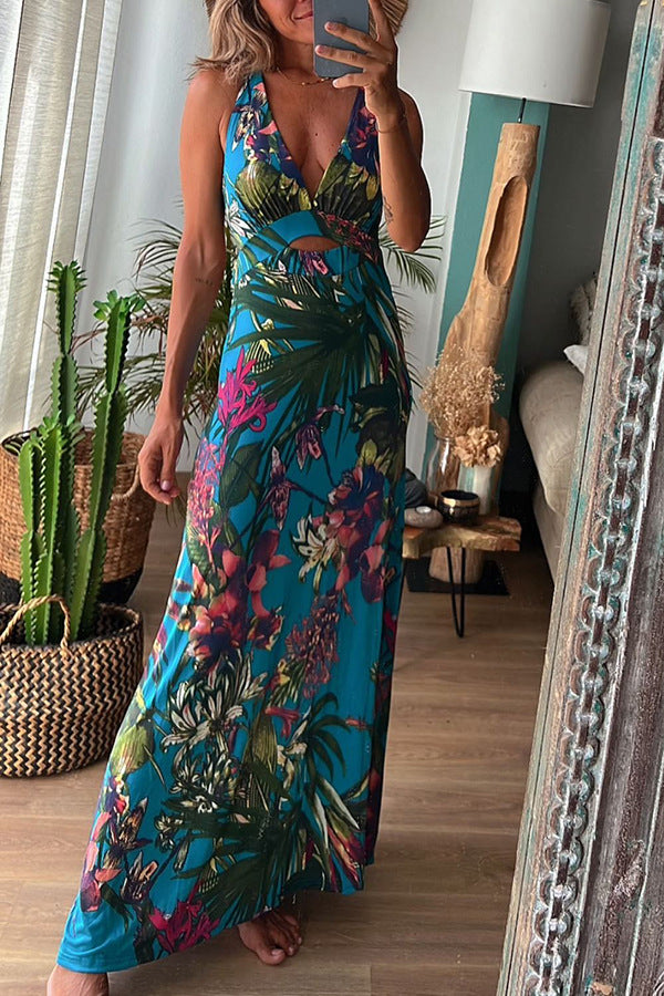 Rainforest Paradise Tropical Print Cutout Back Crossover Stretch Maxi Dress - Lumikova