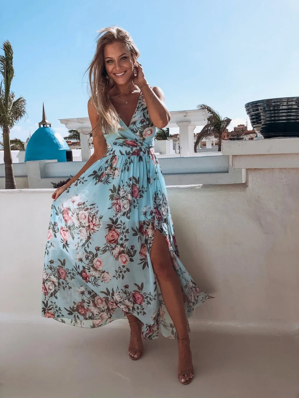 Summer V Neck Split Maxi Floral Dress - Elegant Spaghetti Strap - Lumikova