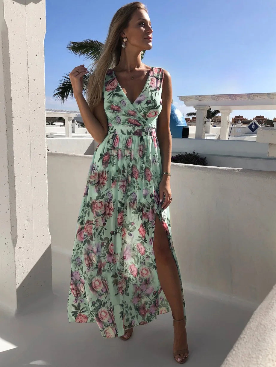 Summer V Neck Split Maxi Floral Dress - Elegant Spaghetti Strap - Lumikova