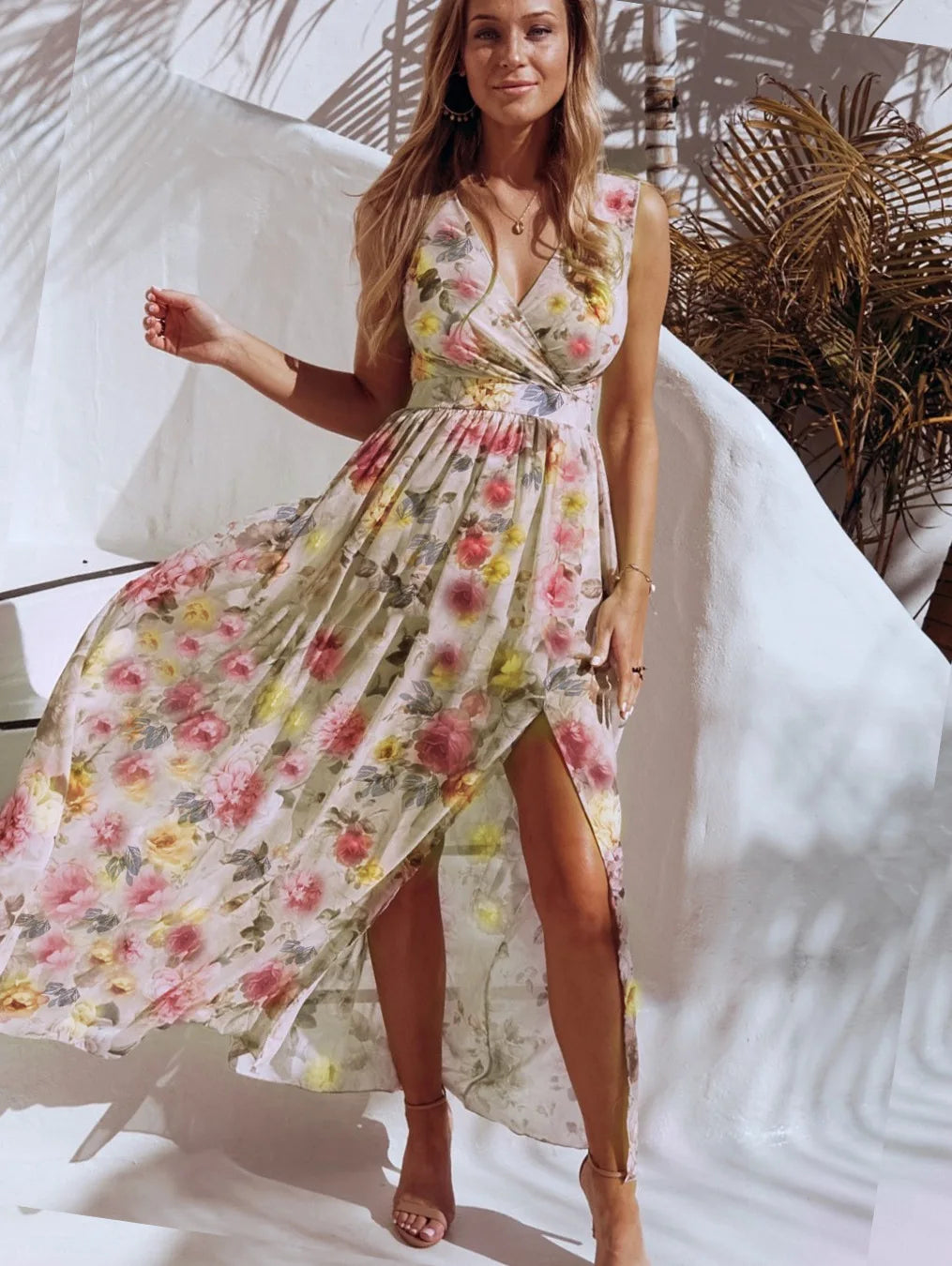 Summer V Neck Split Maxi Floral Dress - Elegant Spaghetti Strap - Lumikova