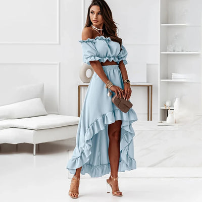 Summer Elegant Ruffle Two-Piece Set | Slash Neck Puff Sleeve Dress - Lumikova