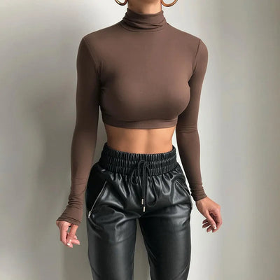 Versatile Women's Turtleneck Crop Top | Autumn Stretch Tee - Lumikova