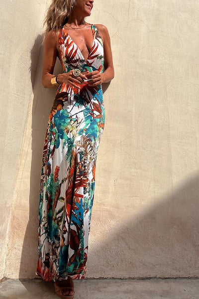 Rainforest Paradise Tropical Print Cutout Back Crossover Stretch Maxi Dress - Lumikova