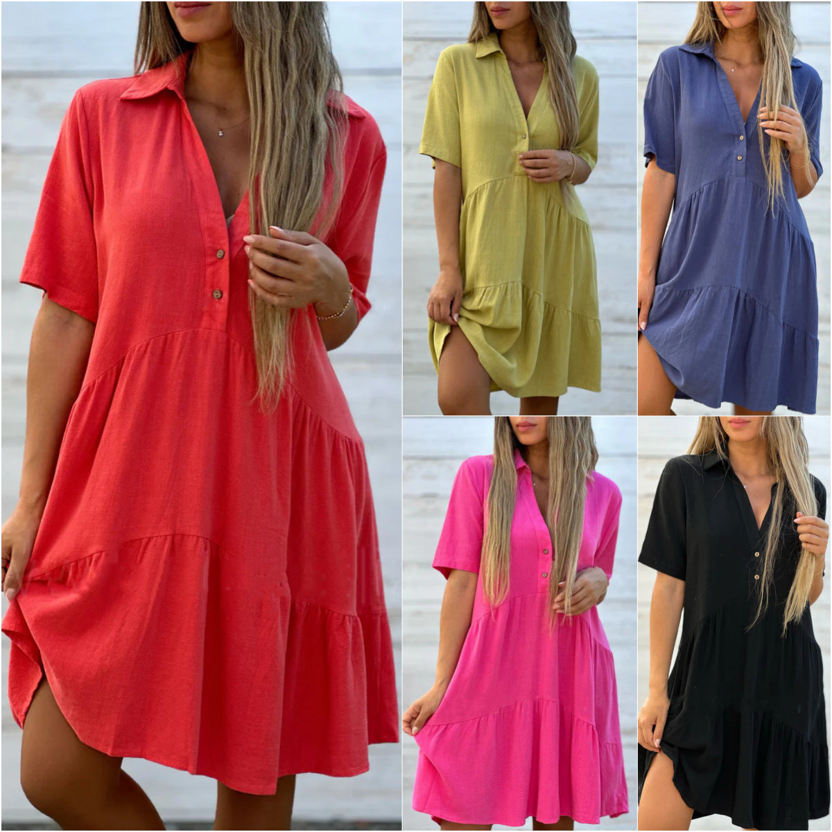 Solid color comfort lapel button dress