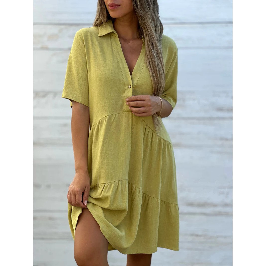 Solid color comfort lapel button dress