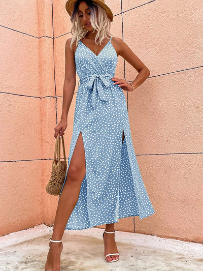 Summer Floral Print Long Dress - Elegant Backless Bandage Slit - Lumikova