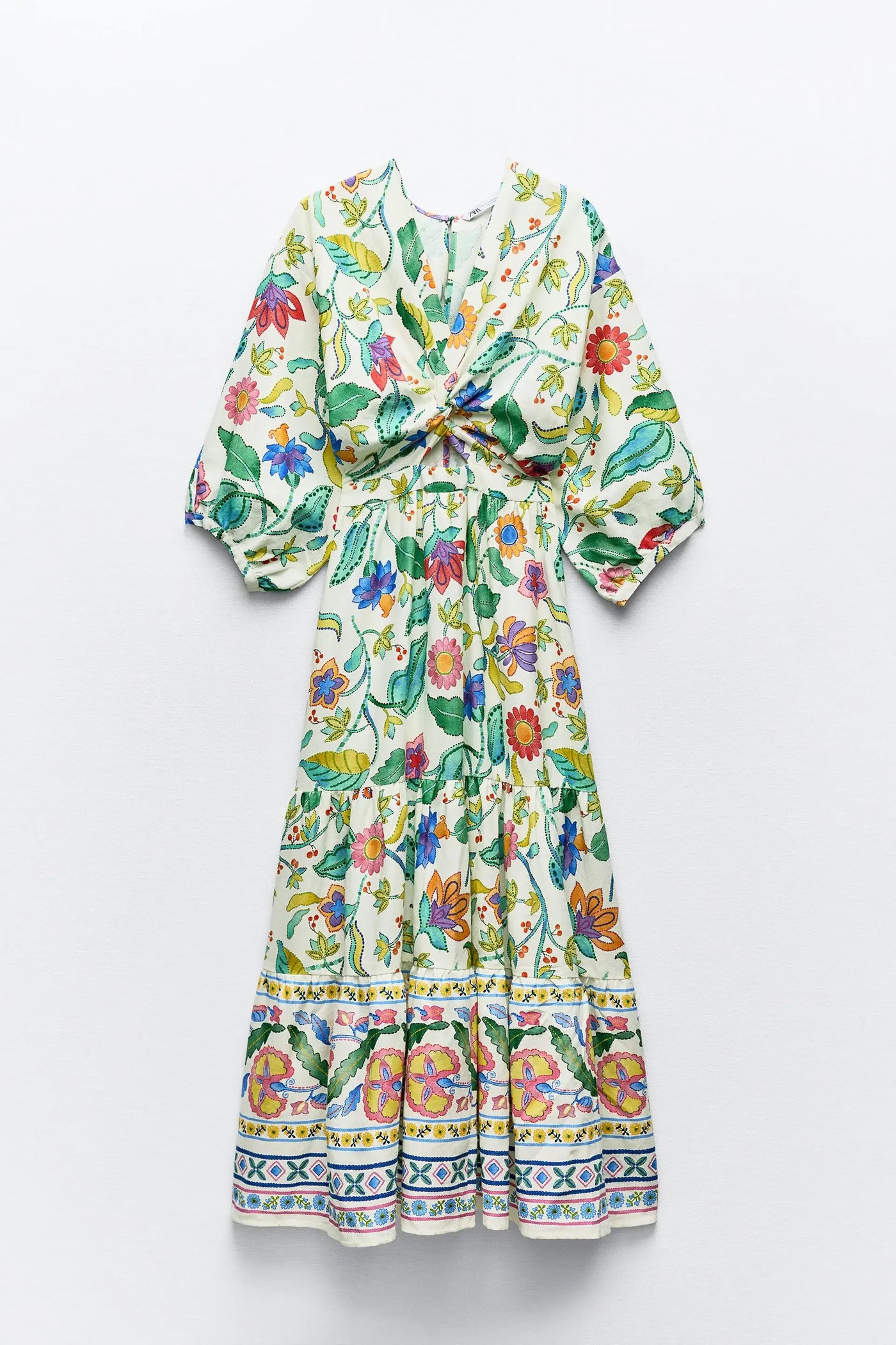 Flower Printed Hollow Out Maxi Dress - Elegant V-neck Long Sleeves Dress - Lumikova