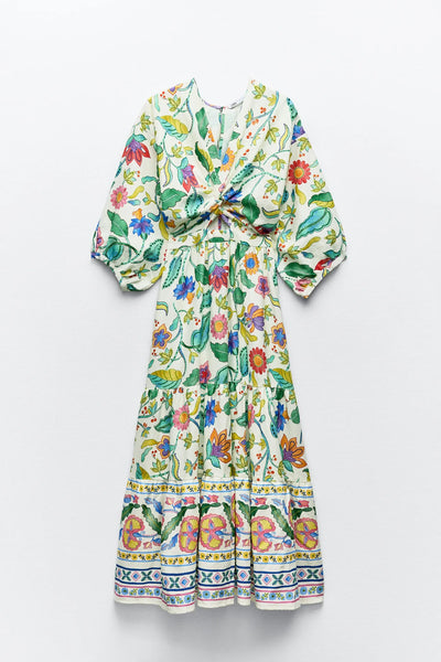 Flower Printed Hollow Out Maxi Dress - Elegant V-neck Long Sleeves Dress - Lumikova