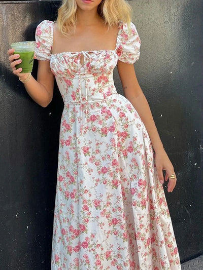 Square Neck Backless Floral Dress - Lumikova