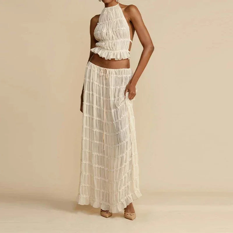 Halter Pleated Top Maxi Skirt - Sleeveless Backless Summer Outfit - Lumikova