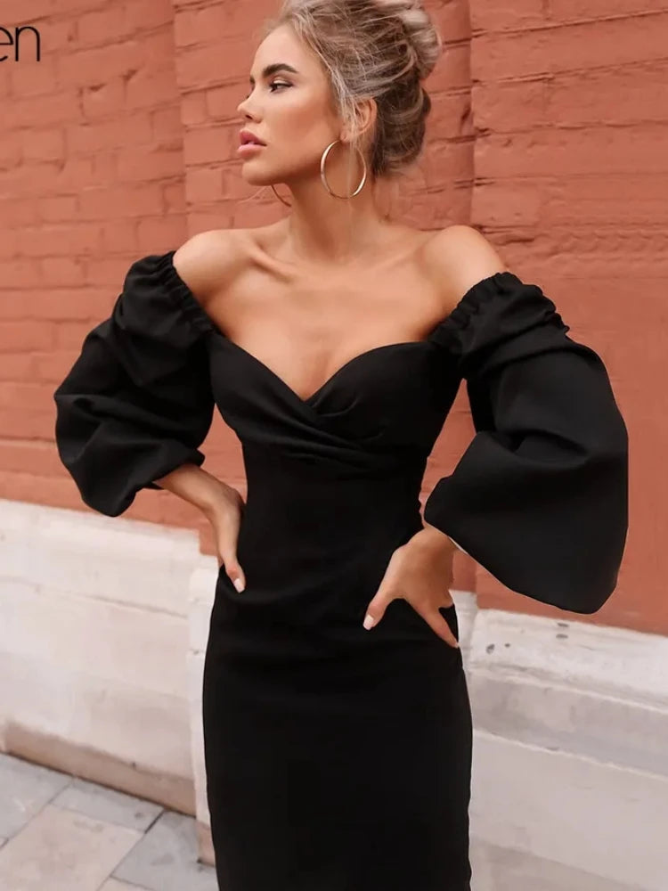 V-Neck off shoulder Elegant Dress - Lumikova