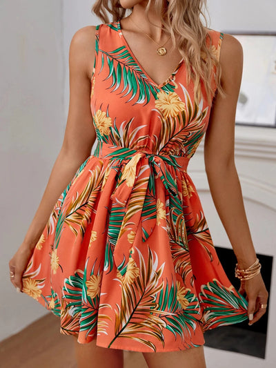 Floral Elegant Orange Belt Dress - Lumikova