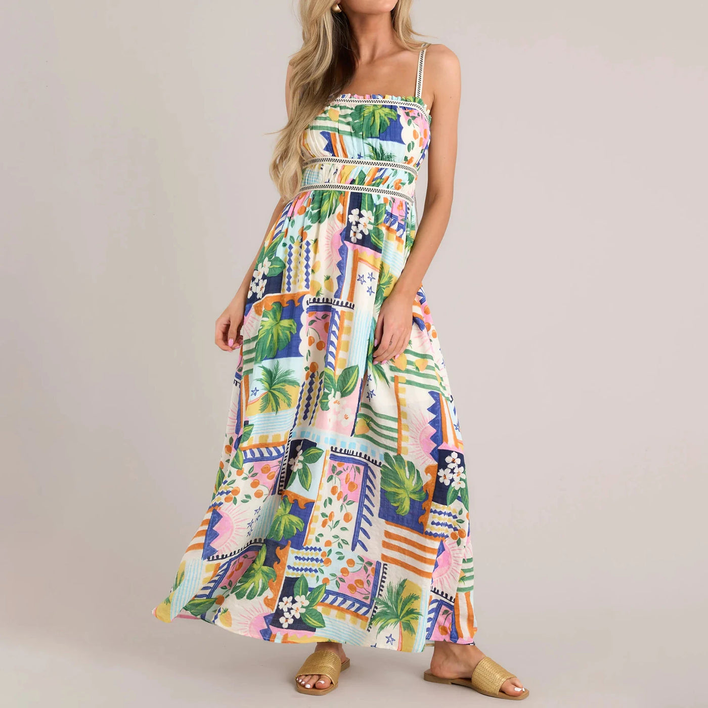 Maxikleid mit Spaghettiträgern und Blumenmuster - Boho-Ärmellos