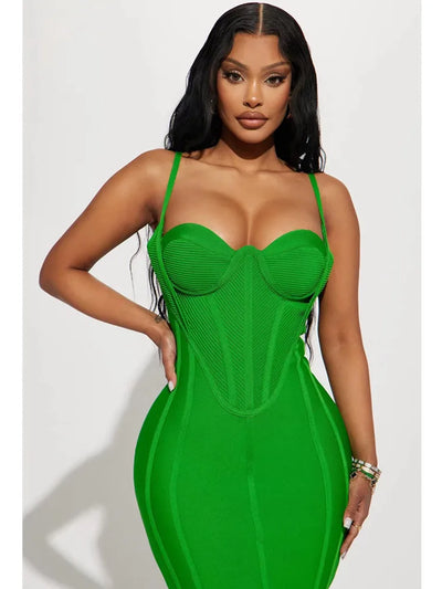 Sleeveless Backless Green Midi Bandage Elegant Dress - Lumikova