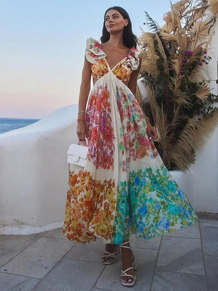 Colorful Floral Print Maxi Elegant Dress - Lumikova