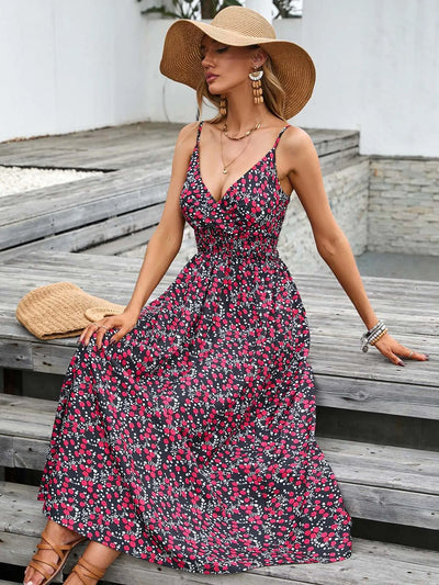 V Neck Spaghetti Strap Floral Dress - Lumikova