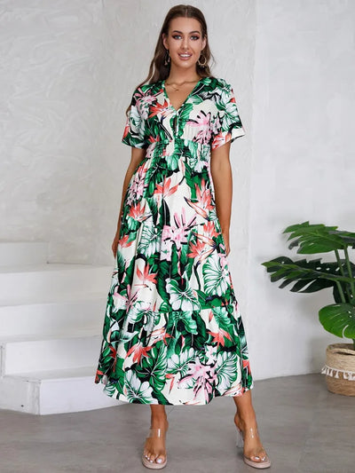 Floral V Neck Short Sleeve Summer Dress - Lumikova