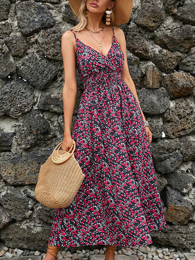 Floral Long Dress - Summer Casual Backless  Beach Floral Dress - Lumikova