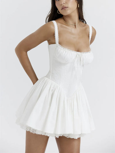 Serenade Milkmaid Tie Up Mini Elegant Dress - Lumikova