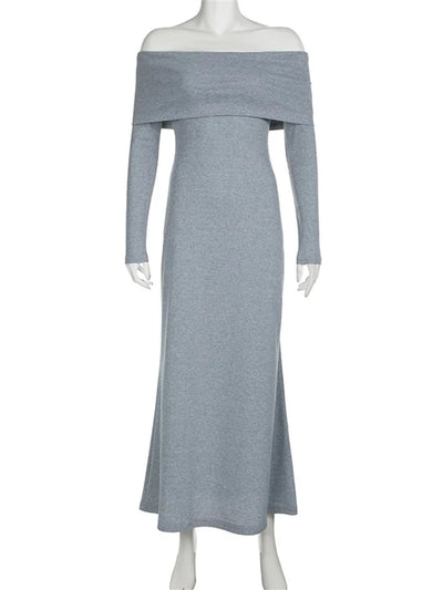 Off-Shoulder Knit Long Casual Dress - Lumikova