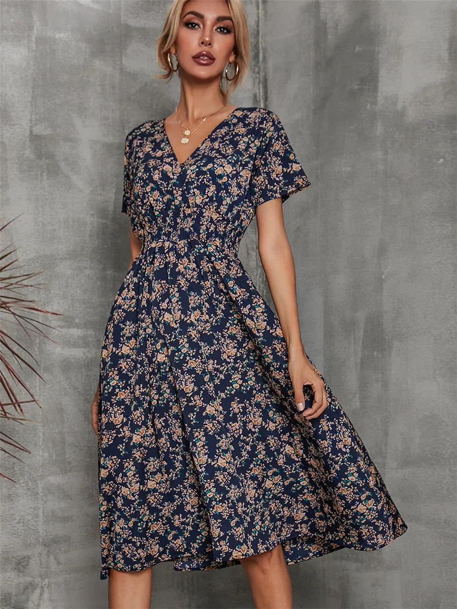 Summer Floral Casual Dress - Midi Long Short Sleeve - Lumikova