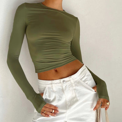 Basic Crewneck Casual Crop Top - Long Sleeve - Lumikova