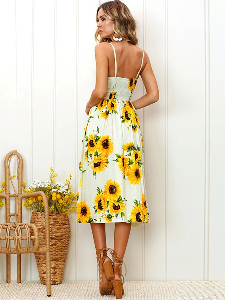 Summer Sunflower Floral Dress - Strapless and Backless - Lumikova