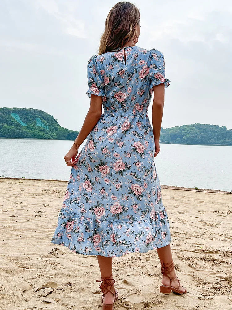 Beach Sundress Short Sleeve V Neck Midi Floral Dress - Lumikova