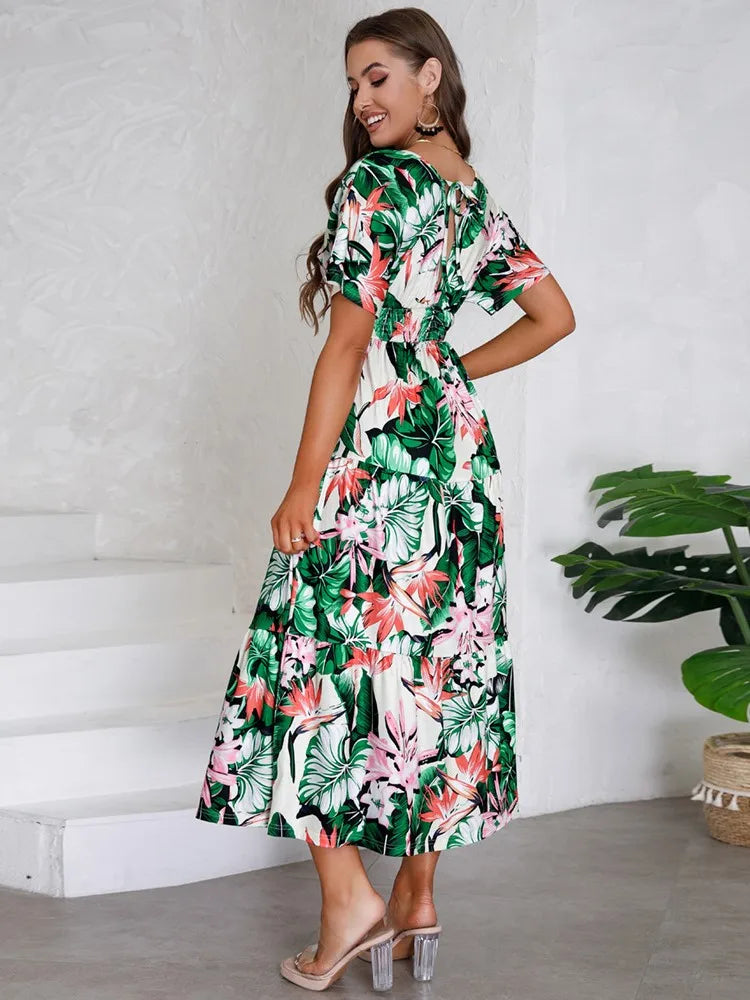 Floral V Neck Short Sleeve Summer Dress - Lumikova