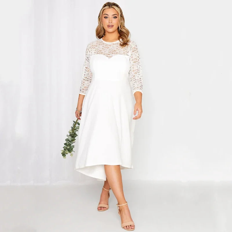 Plus Size 3/4 Lace Sleeve Spring Autumn Elegant Dress - Lumikova