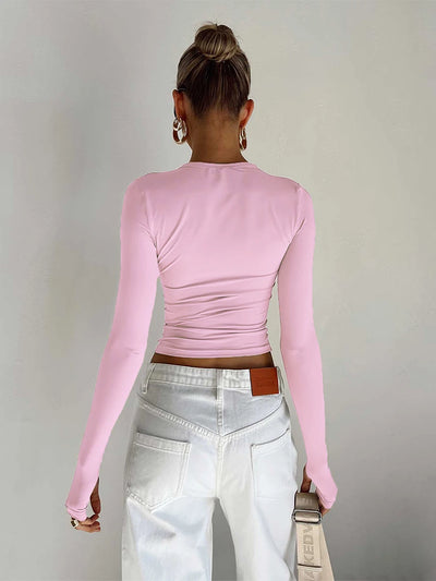 Basic Crewneck Casual Crop Top - Long Sleeve - Lumikova