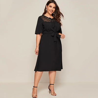 Plus Size Tie Front Elegant Dress - Ruffle Sleeve Sashes - Lumikova