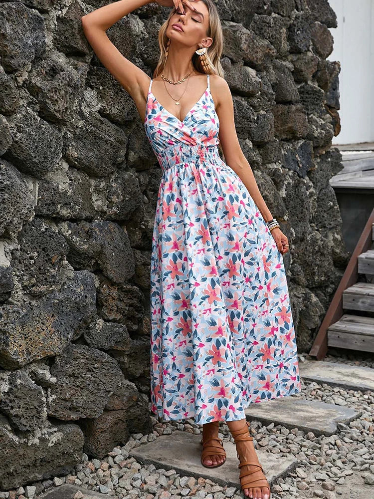 Floral Long Dress - Summer Casual Backless  Beach Floral Dress - Lumikova