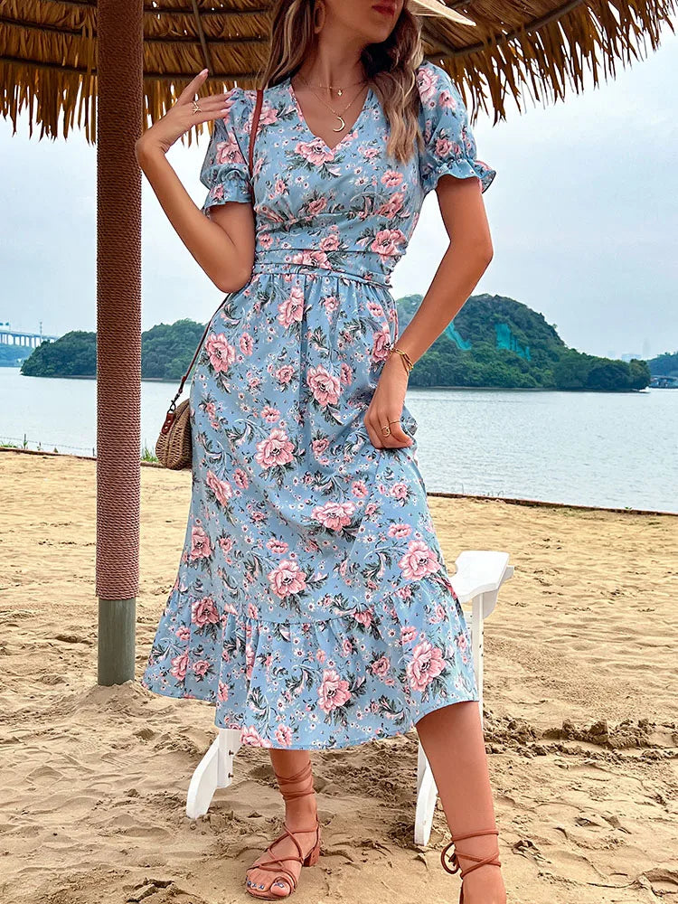 Beach Sundress Short Sleeve V Neck Midi Floral Dress - Lumikova