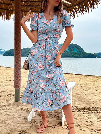 Beach Sundress Short Sleeve V Neck Midi Floral Dress - Lumikova